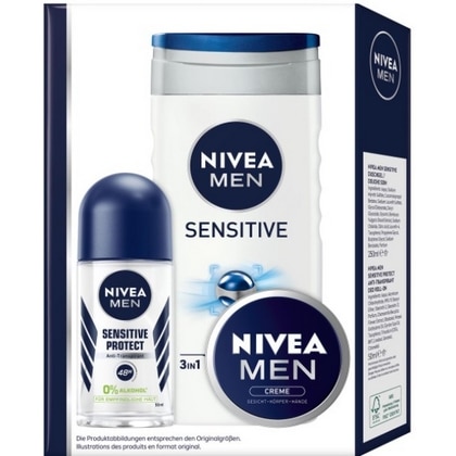 Geschenk Nivea – Men 3in1 Sensitive Douchegel 250 ml, Sensitive Pro Deoroller 50 ml, Gezicht Creme 50 ml.